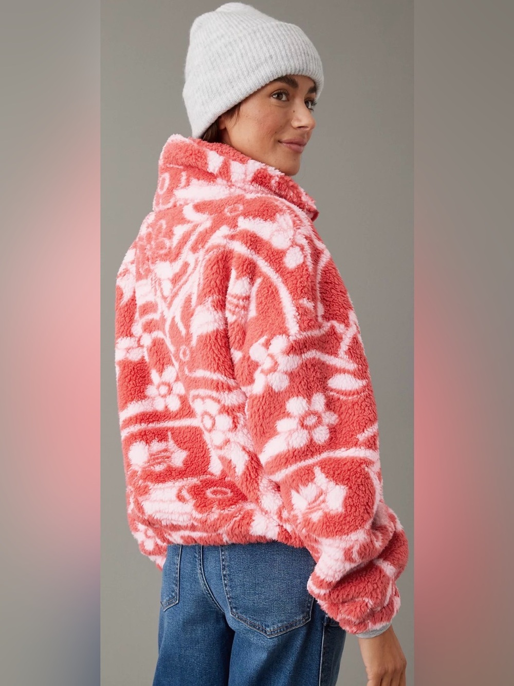 American Eagle Red/White Bear Hug Cozy Sherpa Zip Jacket Size Med Oversized Fall - Picture 4 of 13